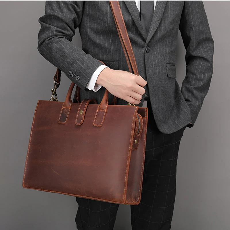 

Genuine Leather Briefcase Executive Men Luxury Crazy Horse Cowhide Laptop Vintage Handbag Shoulder Business Male Messenger Bag