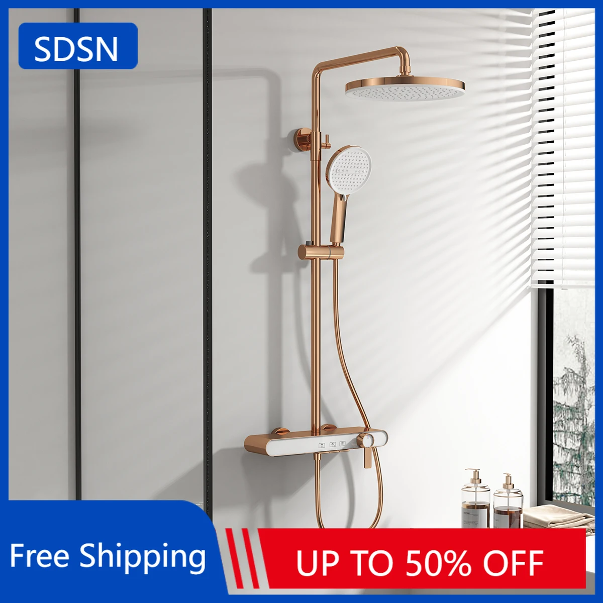 ชุดฝักบัวอาบน้ำแบบเปียโน สีโรสโกลด์ขัดเงา พร้อมก๊อกน้ำแบบเปียโน ฝักบัวแบบเรนชาวเวอร์ น้ำร้อนน้ำเย็น 1