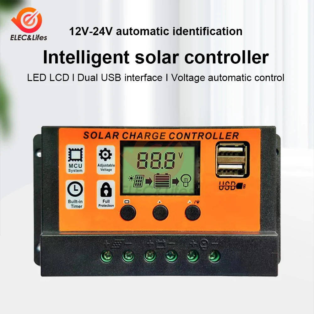 100A Solar Charge Controller Solar Panel Controller 12V/24V Adjustable LCD Display Solar Panel Battery Regulator With USB Port