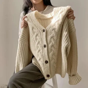 Women’s Winter V-Neck Knit Cardigan – Loose Long Sleeve Sweater