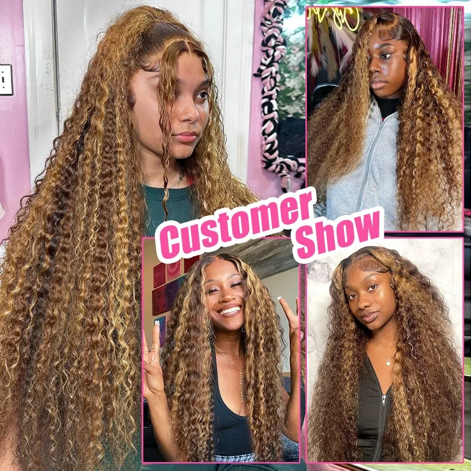 34 Inch Highlight Deep Wave Lace Front Wigs Human Hair 250% Density Deep Curly Human Hair Wig Pre Plucked P4/27 Ombre Lace Frontal Wigs With Baby Hair For Women 7