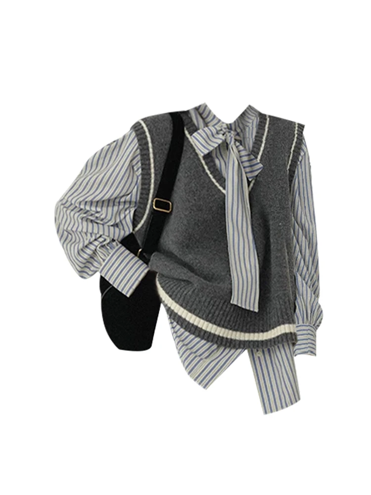 

Японский модный официальный комплект из 2 предметов Gyaru в стиле преппи рубашка с воротником Питер Пэн + Трикотажный жилет высокого качества 2000s Kpop