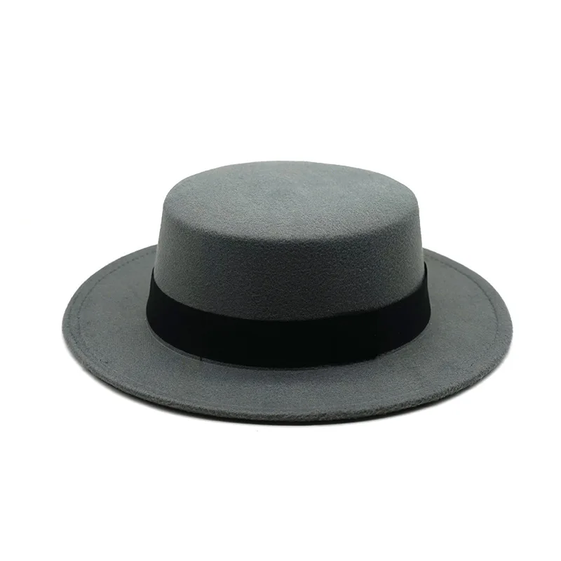 Retro Black Ribbon Flat Top Felt Jazz Hat Women Men