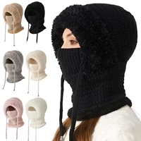 Women Fleece Lined Knit Hat Set Winter Warm Knitted Hat 3 in 1 Hooded One Piece Snow Cap W/Scarf & Mask for Cold Weather Protect 3