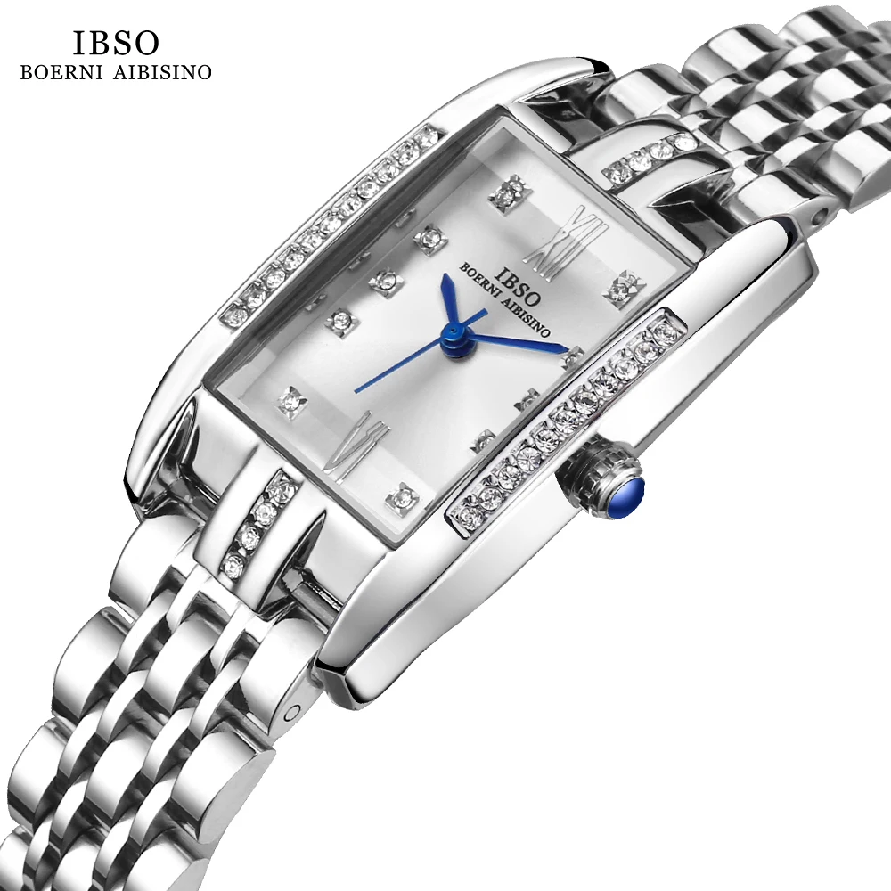 IBSO 9298 Rectangle New Women Quartz Watches Luxury Stainless Steel Strap 3ATM Waterproof Fashion Watch Ladies Full Zircon Dial