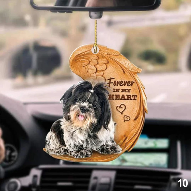 Shih Tzu 2d Flat Car Ornament & Wood Beads, Shih Tzu Sleeping In Angel Wing Beaded  Rear View Mirror Accessories, Rearview Hanging Charm, Christmas Tre