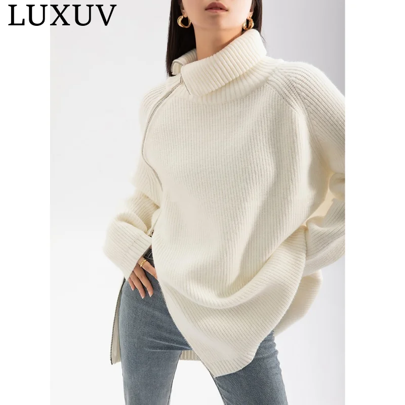 

LUXUV Women's Turtleneck Zippers Fashion Women Sweaters Solid Chic Design Pullover Long Sleeve Casual Knitted Sweater Woman