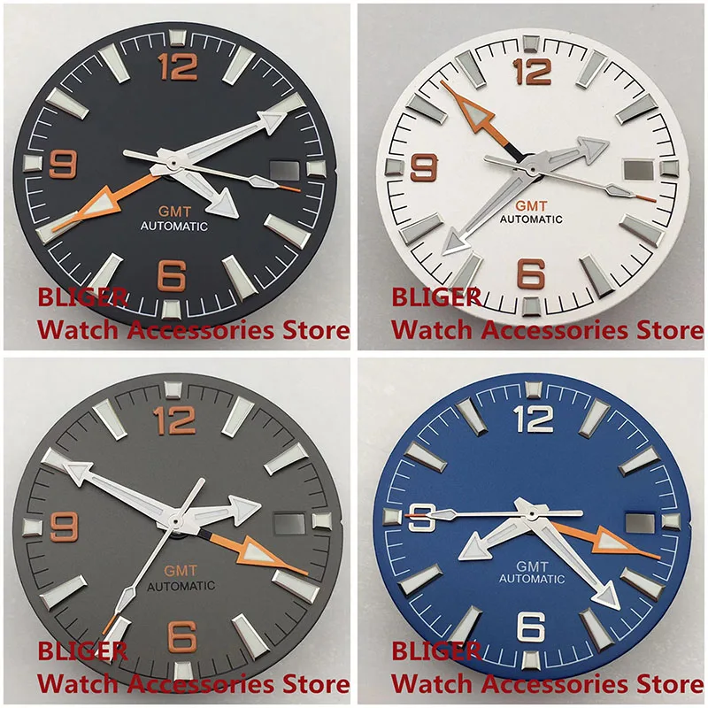 

BLIGER 31mm Watch Dial Fit NH34 GMT Movement 4Hands Green Lumious 3 O'clock Crown Date Window Modified Watchparts
