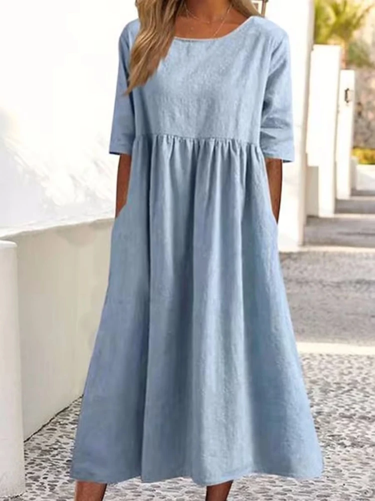 New Fashionable Women's Crew Neck Dress Casual Loose Short-sleeved Solid Color Medium and Long Large Size Skirt