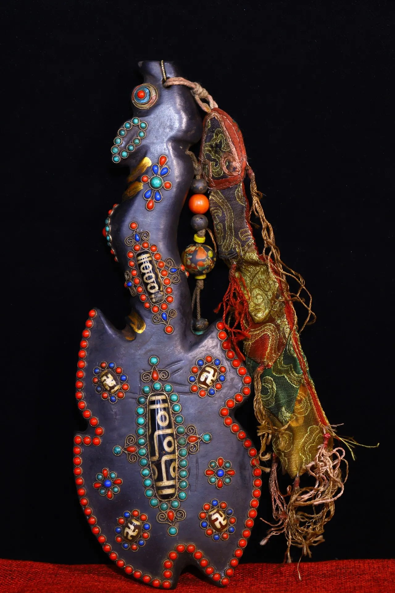 

12"Tibetan Temple Collection Old Meteorite Cinnabar Mosaic Gem gZi Beads Mythical Animals Knife shape Buddhist artifacts amulet