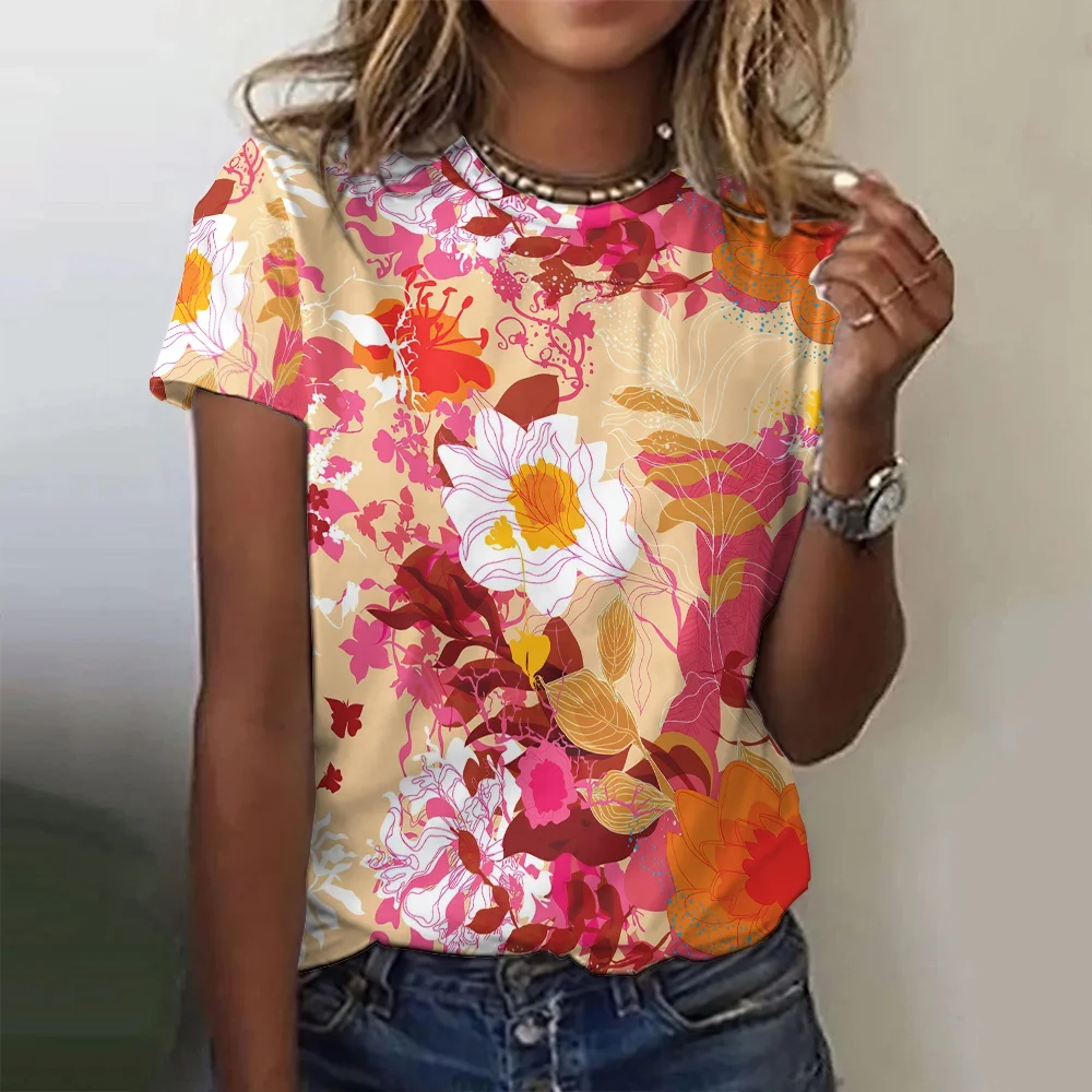 

Women's T-Shirts 3D Flower Print Top Short Pullover Sleeved Summer Fashion Casual O-Neck Oversize Tee Shirt Female Clothing 2024