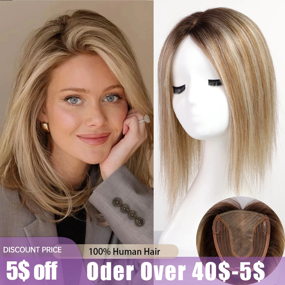 Blonde Gray Brown Remy Human Hair Toppers for Women 100% Remy Human Hairpieces Silk Base Clips in Hair Straight 12inches Toppers hair toppers