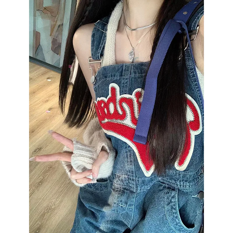 Retro Denim Suspender Pants Womenr Loose Embroidered Straight Wide-Leg High Waist Slimming Jumpsuit Casual Overalls Jeans