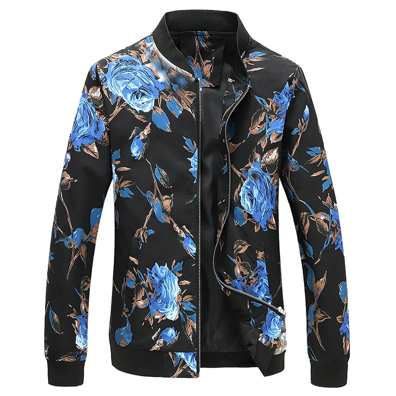 New Spring Men's Rose Printed Jacket Fashion Stand Collar Flower