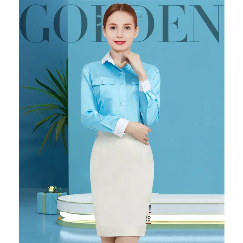 

South Korean Flight Attendant Interview Etiquette Suit Costumes Glossy Full Sleeved Shirt Short Sleeved Shirt Skirt Blue Apron