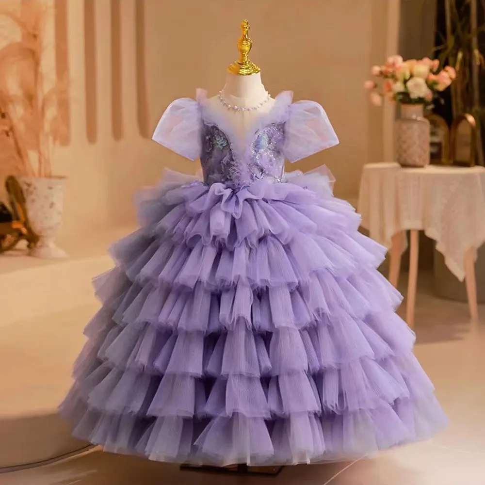 

Jill Wish Elegan Luxury Lilac Girl Dress Beading Arabic Princess Kids Wedding Birthday Party Ball Gown Holy Communion 2024 J244