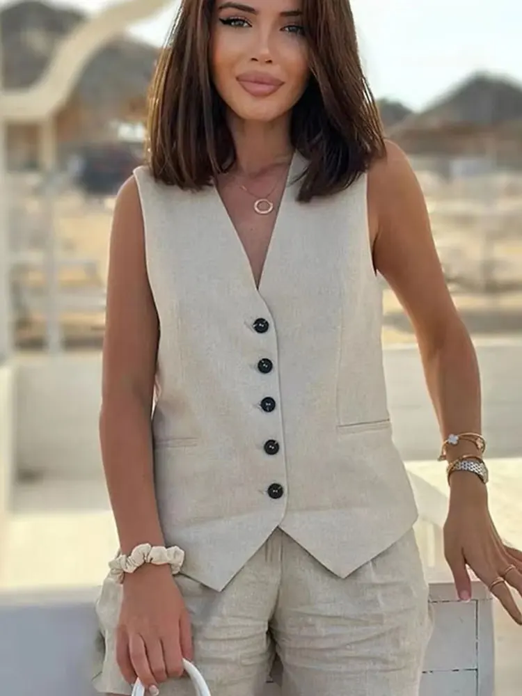 HH Women Pant Sets Vintage Solid Single Breasted V Neck Waistcoat Tops + Slim Zipper Fly Shorts Summer Office Lady Suit