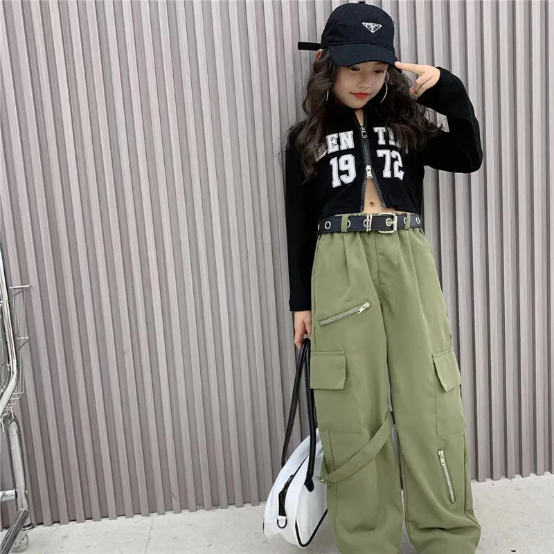 teenage girls harem cargo pants high waist green trousers with belt hip hop  fashion clothes capris pocket zipper 6 to 16 yrs