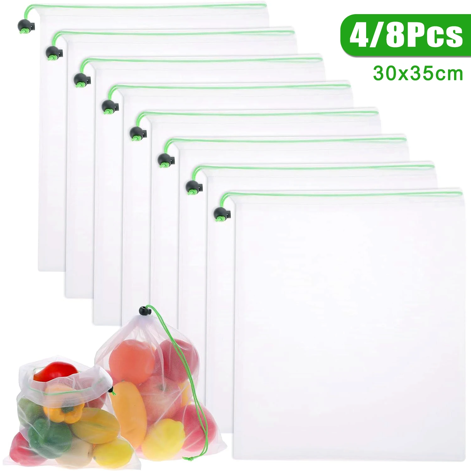 Set of Reusable Washable Mesh Storage Bags with Drawstring