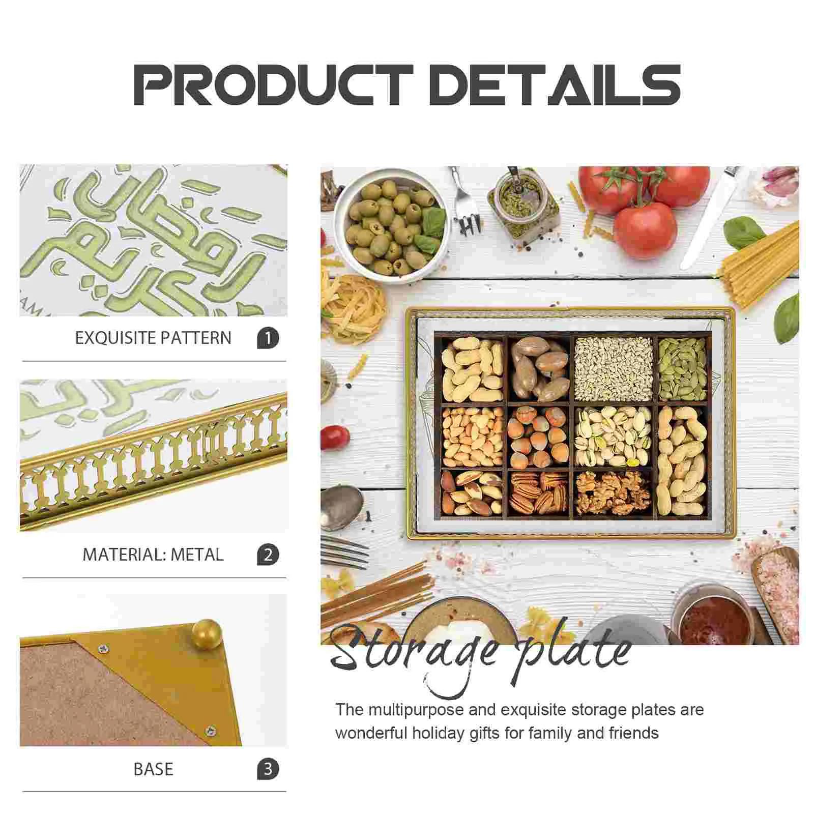 1pc Muslim Service Plate Eid Party Storage Plate Metal Square Tray (Golden) Eid Tray Snack Plate Party Supplies 3