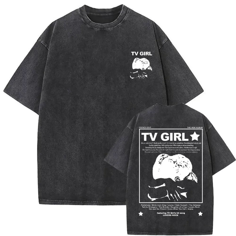 

Washed Vintage TV Girl French Exit Lovers Rock Graphic Tshirt Summer Men Women Cotton Oversized T-shirt Male Harajuku Streetwear