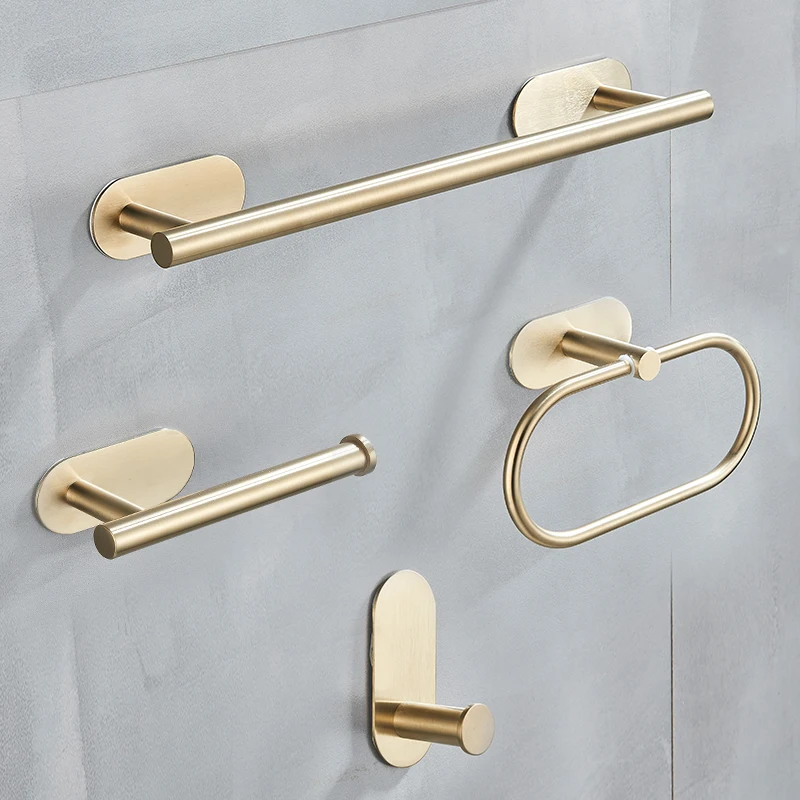 Brushed Golden Bathroom Towel Rack Bathroom Accessories Paper Holder Robe Hook Towel Bar Hardware No Nail No Punch Hole