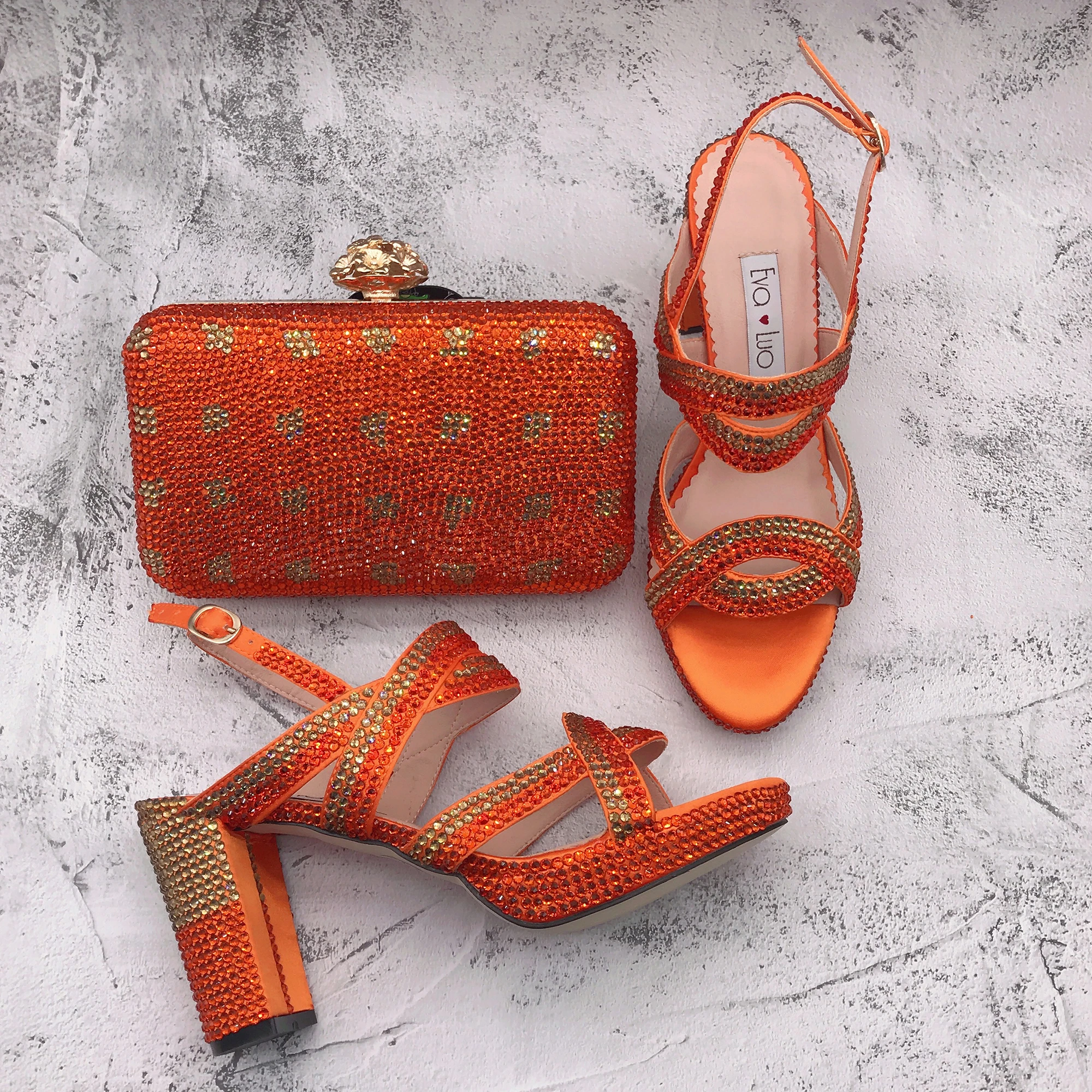 BS1527 zapatos hechos a medida con bolso a sandalias de vestir con tiras, zapatos de boda cristal dorado naranja para mujer| | - AliExpress