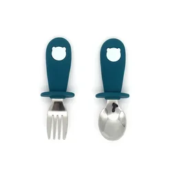 Adorable Stainless Steel Toddler Tableware Set - Cartoon - Themed Cutlery (Blue Bear)