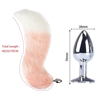 Metal Anal Plug Beads Cute Fox Tail Cosplay Pink Green Gradient Color Large Long Butt Plug Sex Tail Role Play Flirting Anus Toy 6