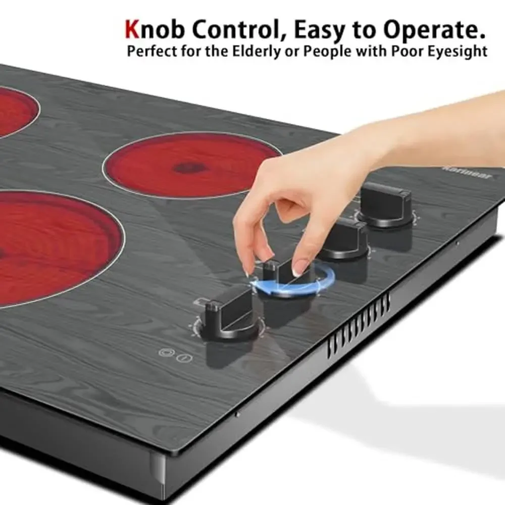 Electric Cooktop 30 Inch Knob Control Stove Glass Ceramic 4 Burners Beautiful Wooden Pattern 220V 1200W/1800W/1250/2500W(Dual