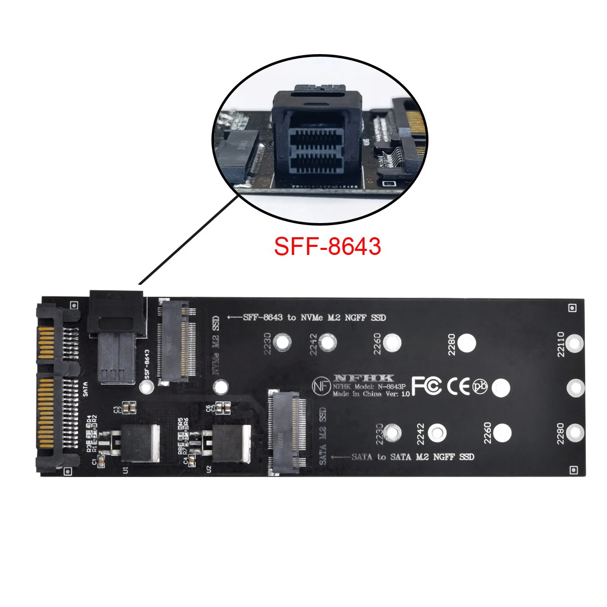 Adaptateur SATA 22Pin SFF-8643 vers NVMe M2 NGFF SSD, SATA vers SATA M2  NGFF Ssd