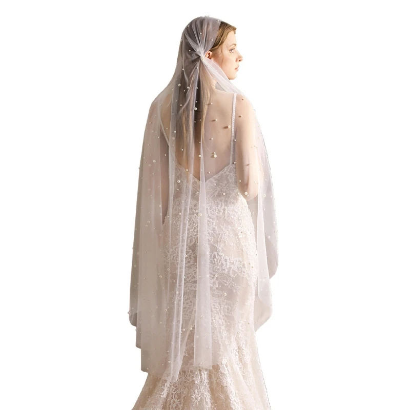 

1-Tier Wedding Veil with 2 Clips Bridal Short Illusion Veil Cut with Pearls