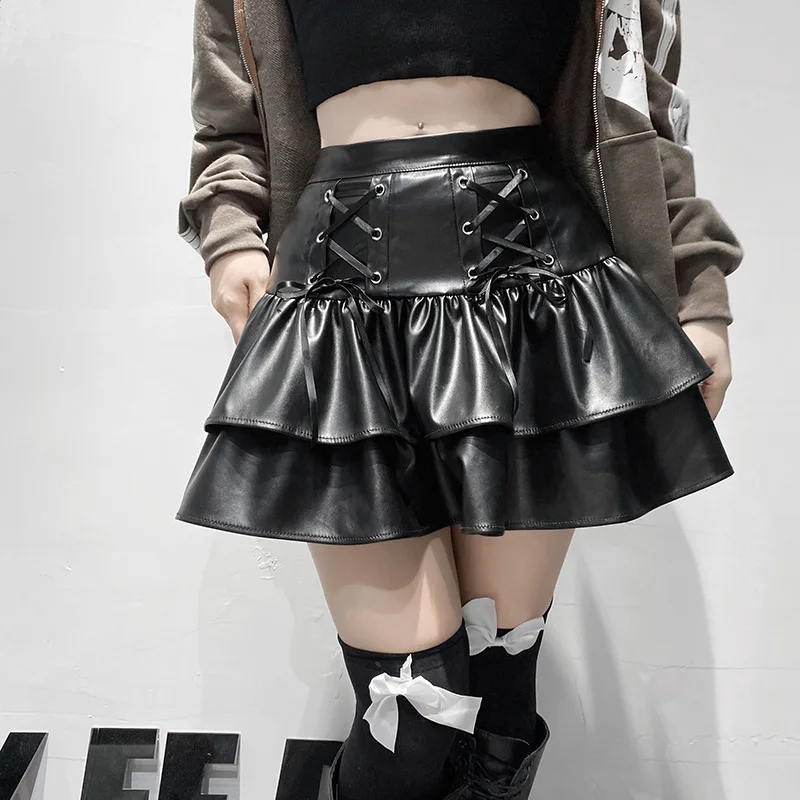 

2024 Gothic PU Leather Black Mini Cake Skirt Patchwork Ruffle Lolita Harajuku Aesthetic Punk Rock Y2K Party Skirt Streetwear