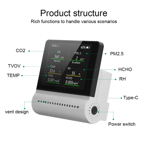 Noyafa 다기능 공기 감지기 LED 디스플레이 스마트 홈 테스터, 온도 및 습도, Jms16, 5 in 1, Pm2.5, HCHO TVOC Co2 4