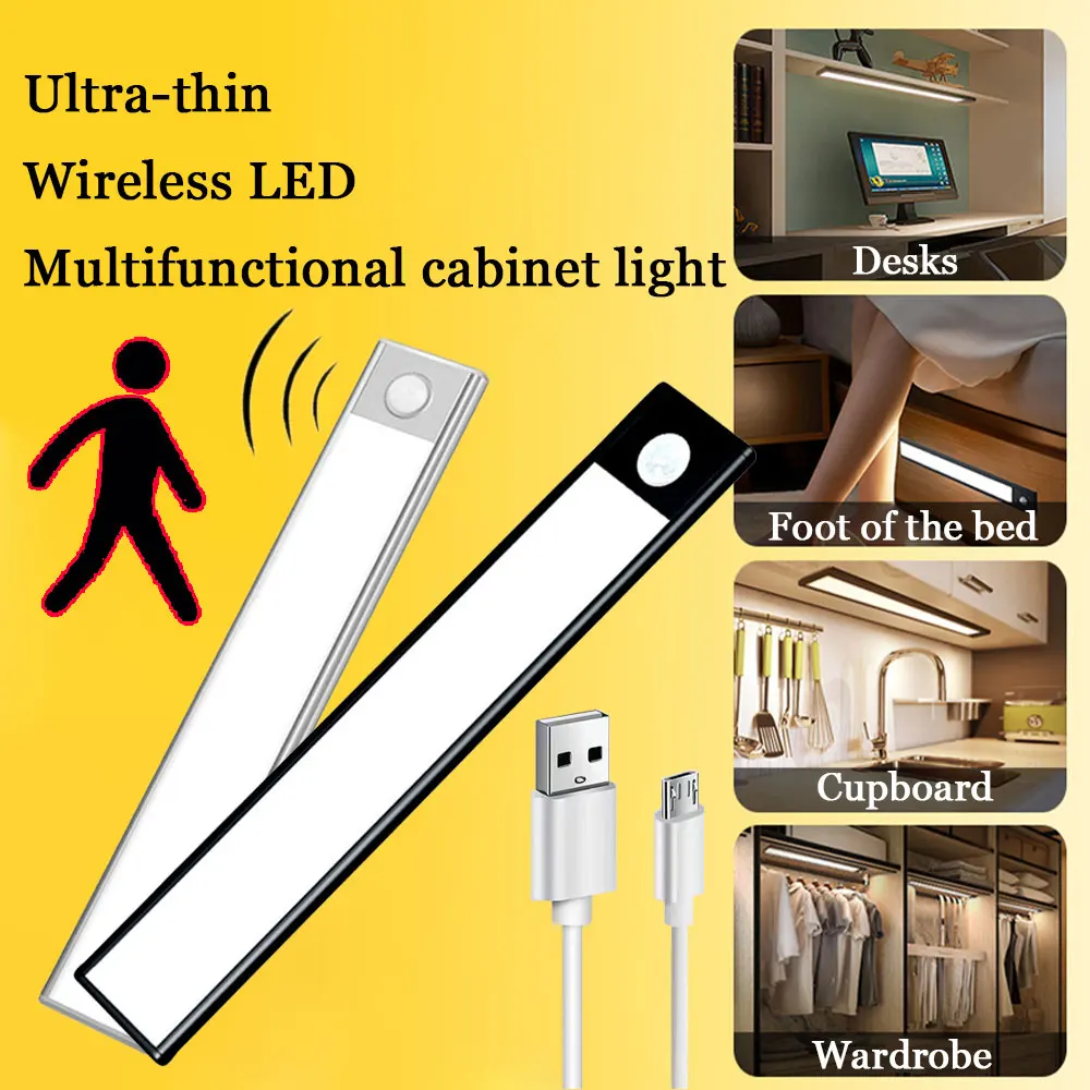 

PIR Motion Sensor Lights USB Rechargeable Ultrathin LED Night Light 20/40/60CM Cabinet Night Lamp Bedroom Wardrobe Lighting