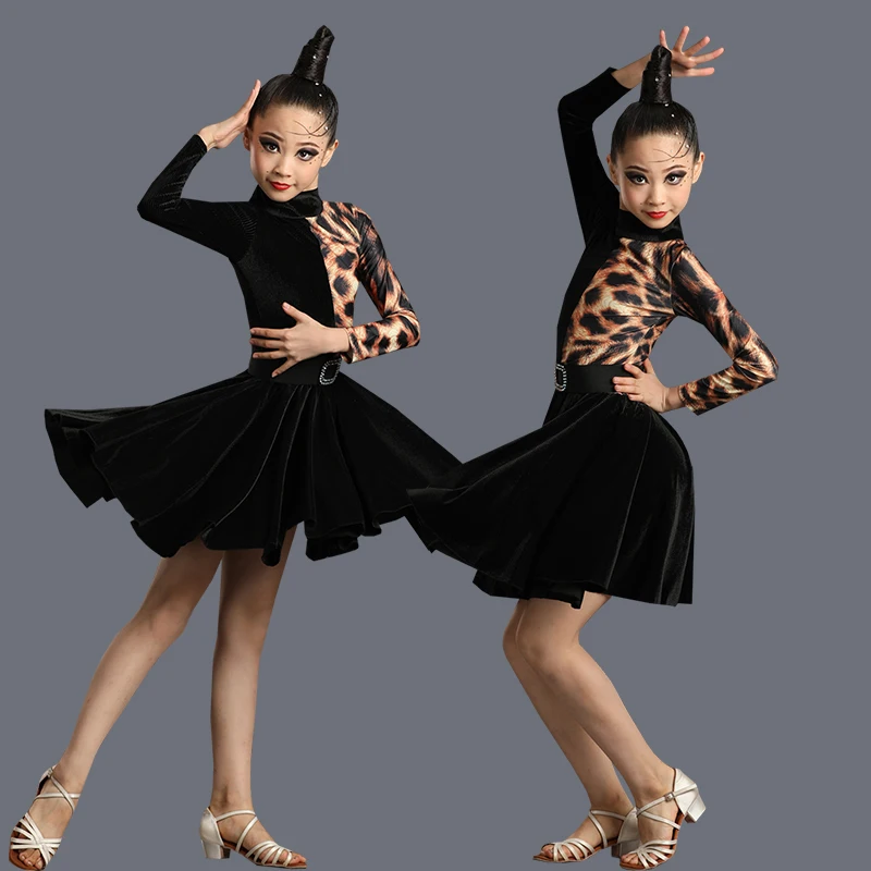 

Girl Latin Dance Dress Ballroom Children Dance Salsa Black Leopard Print Kids Tango Dresses Dancing Stage Performance Clothing