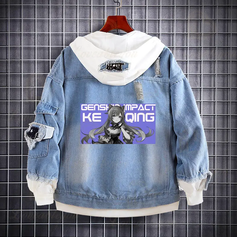 Genshin Impact Men Hip Hop Denim Jacket Streetwear Harajuku Jeans Jacket Stile Giapponese Anime Girl Cotton Fake 2 In 1 Streetwear