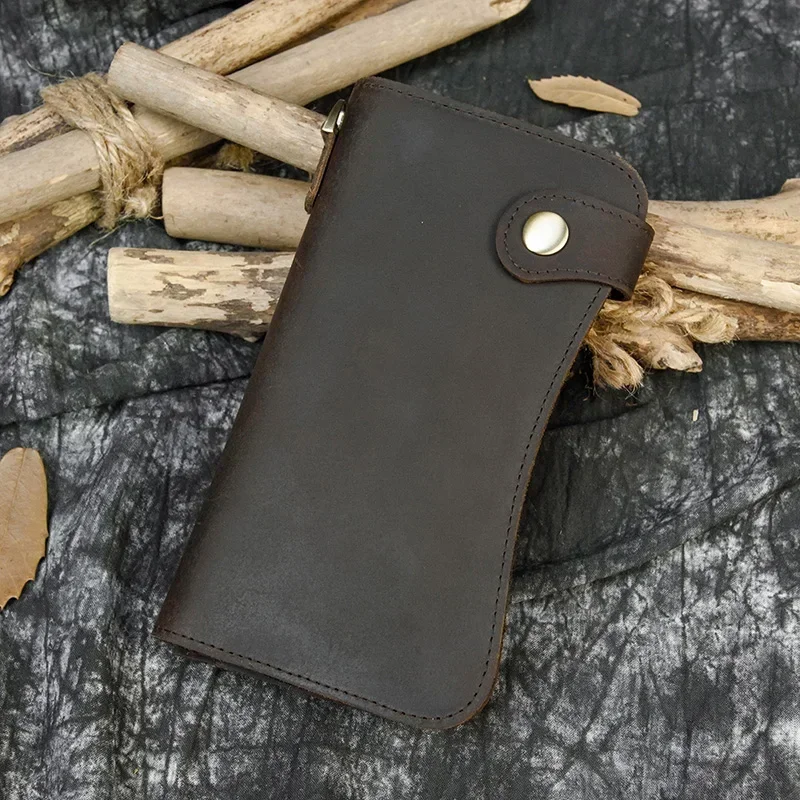 Black Leather Bifold Wallet with Iron Chain for Men