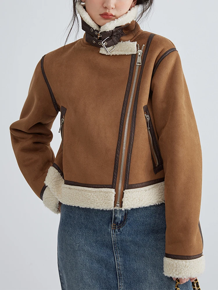 

Fitaylor New Autumn Winter Moto Biker Thick Warm Short Coat Women Streetwear Lapel Faux Lamb Leather Fur Jacket Fashion Outwear