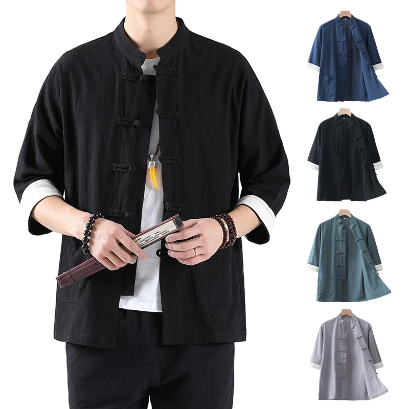 Traditional Chinese Tang Suit Tops Men Long Sleeve Kung Fu Tai Chi Uniform Spring Autumn Shirts Chinese Cardigan Coat Hanfu