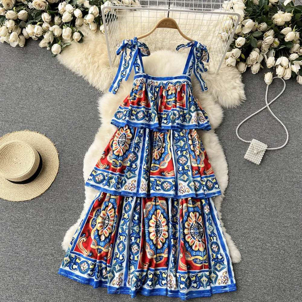 

2022 весеннее новое платье с квадратным вырезом и принтом на подтяжках, платье свободного покроя, тонкое многослойное платье-торт, милое платье