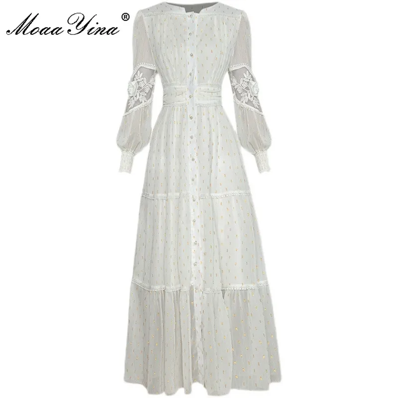 

MoaaYina Fashion Designer dress Spring Women Dress Lantern sleeve Embroidered Single-breasted Solid Holiday Dress