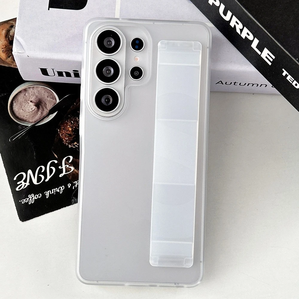 Silicone Wrist Strap Frosted Phone Case with Clear PC Hard Cover and Stand