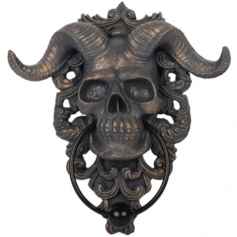 Door Knocker Horned Skull Statues Hanging Door Knocker Vintage Iron Shofar Heavy Duty Gothic Doorknocker Door Handle Home Decoration