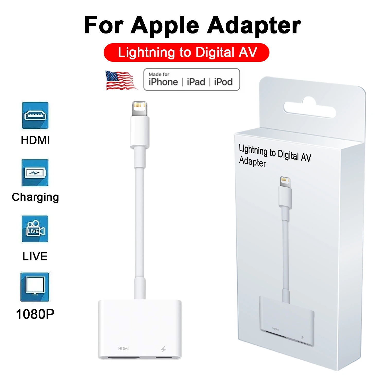 

Оригинальный цифровой AV-адаптер Apple Lightning-HDMI для iPhone, конвертер видео-аудио синхронизации экрана в телевизор/проектор с зарядкой
