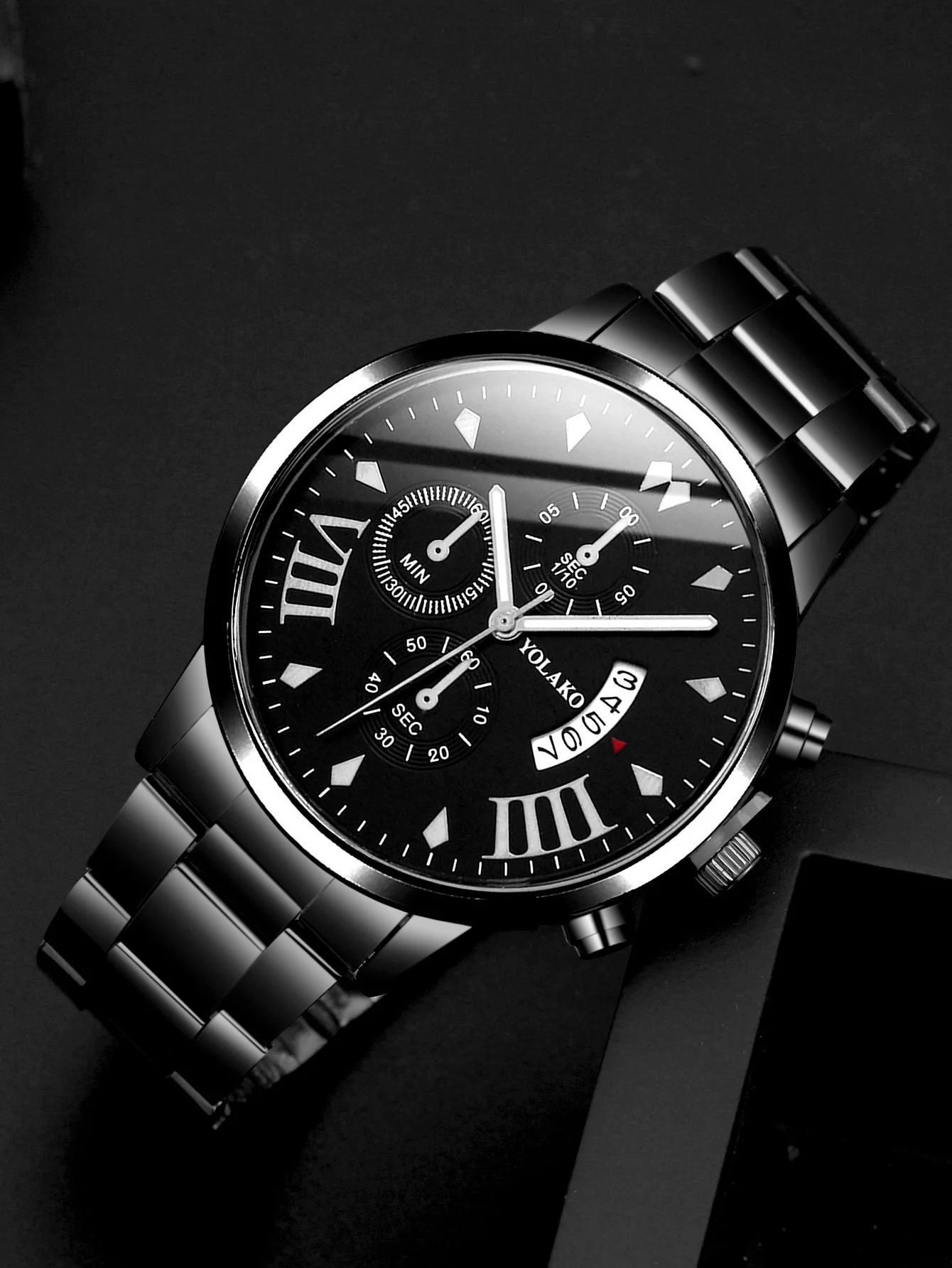 2pcs Fashion Business Calendar Men's Round Roman Scale Steel Band Quartz Watch with Trendy Chain Bracelet Set 6