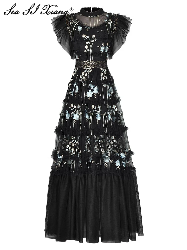 

Seasixiang Fashion Designer Summer Dress Women Stand Collar Flying Sleeve Flowers Embroidery Black Vintage Party Long Dresses