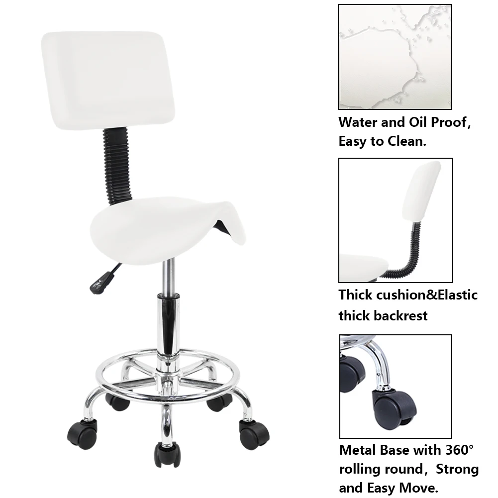 KKTONER Saddle Stool with Foot Rest PU Leather Swivel Adjustable Rolling Stools with Back Support Facial Salon Kitchen Chair