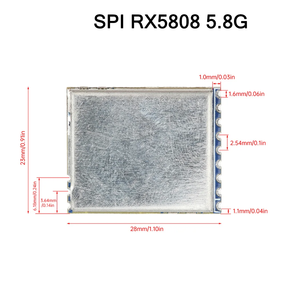 Détail du module récepteur FPV 5.8G avec étiquette RX5808, circuits imprimés et soudures.