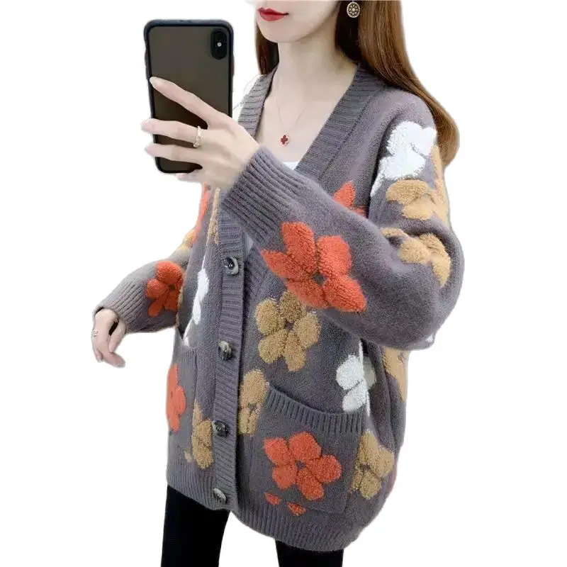 

Fashion Loose Flowers Casual Sweater Cardigan Women's New Autumn And Winter Joker Loose Lazy Wind Knitted Coat Female Tide.